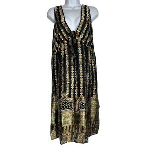 YASB Women's S 100% Silk V-Neck Boho Floral Panel Sleeveless Empire Dress